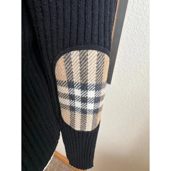 New Burberry Black Ribbed Turtleneck Sweater Plaid Elbow Patches XS (Fits M)